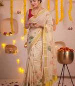 off white floral printed zari art silk kasavu saree with blouse