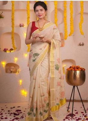 off white floral printed zari art silk kasavu saree with blouse 2