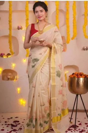 off white floral printed zari art silk kasavu saree with blouse