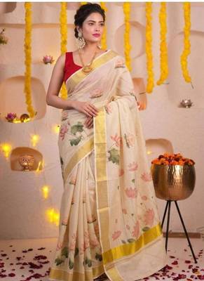 off white floral printed zari art silk kasavu saree with blouse 3