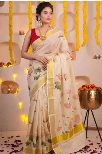 off white floral printed zari art silk kasavu saree with blouse