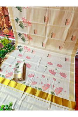 off white floral printed zari art silk kasavu saree with blouse 4