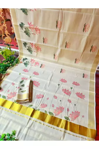 off white floral printed zari art silk kasavu saree with blouse