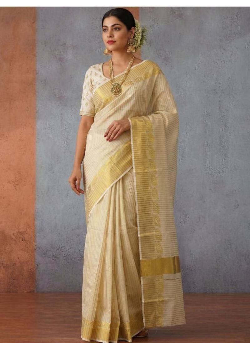 off white zari tissue kasavu saree with blouse