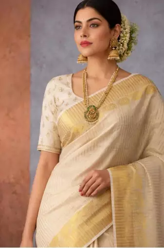 off white zari tissue kasavu saree with blouse