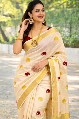 off white tissue kasavu saree with gold zari border