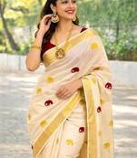 off white tissue kasavu saree with gold zari border