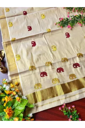 off white tissue kasavu saree with gold zari border