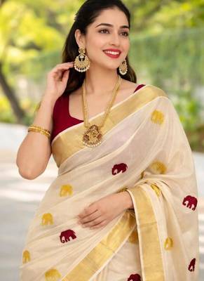 off white tissue kasavu saree with gold zari border 3