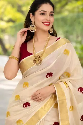 off white tissue kasavu saree with gold zari border