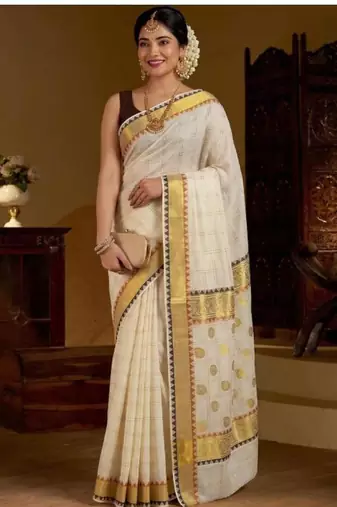 off white zari pure cotton kasavu saree kerala style with blouse