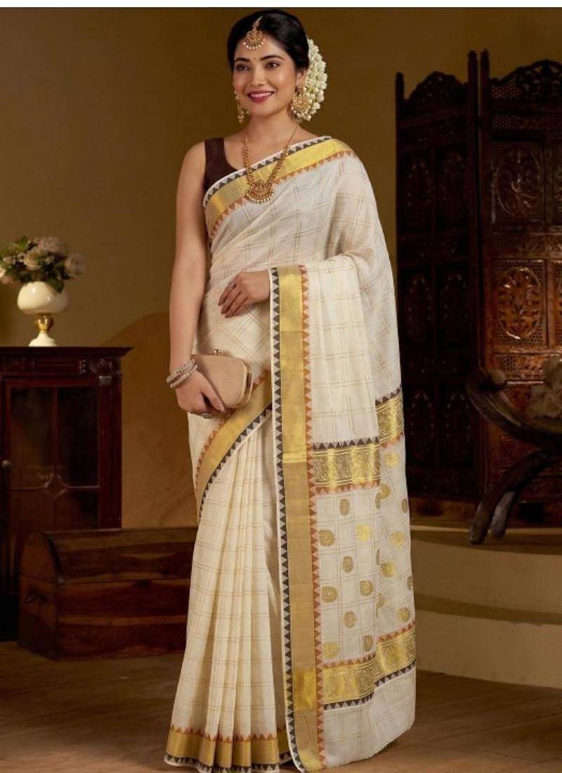 off white zari pure cotton kasavu saree kerala style with blouse