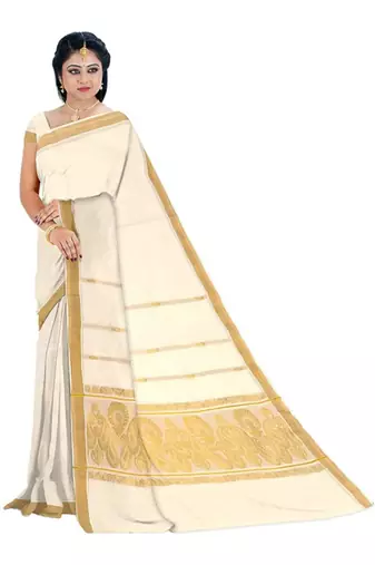 off white zari pure cotton kasavu saree for women