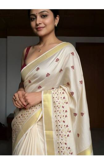 silver embroidered tissue kasavu saree with blouse piece