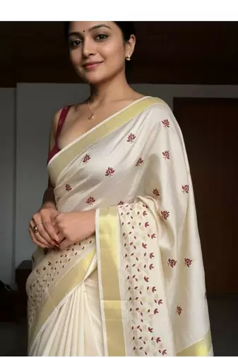 silver embroidered tissue kasavu saree with blouse piece