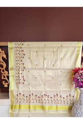 silver embroidered tissue kasavu saree with blouse piece 4