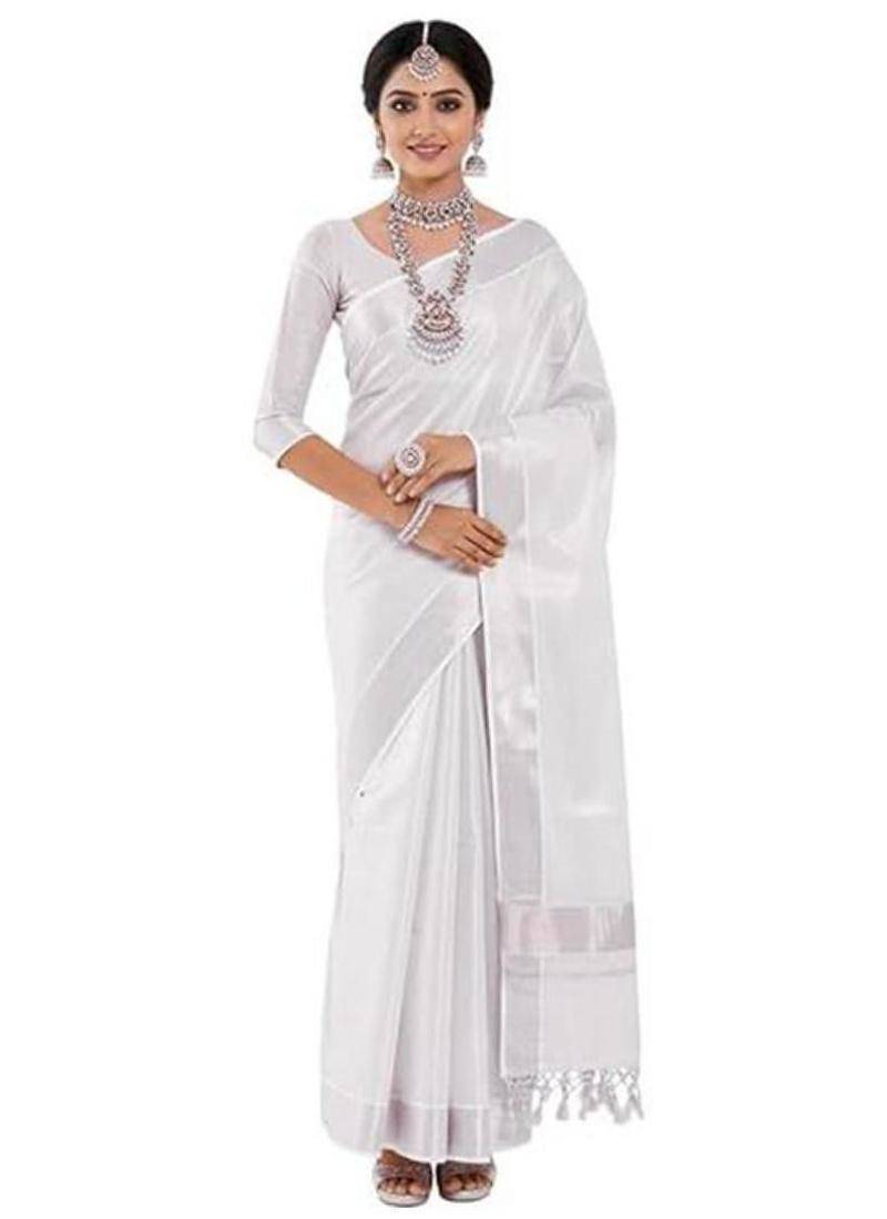 off white zari tissue kasavu saree for haldi function