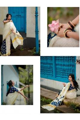off white ethnic motifs jute cotton kasavu saree with blouse 2