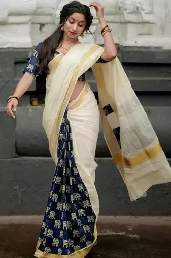 off white ethnic motifs jute cotton kasavu saree with blouse