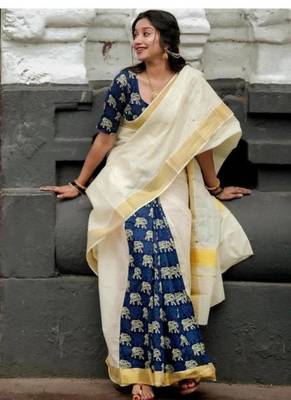off white ethnic motifs jute cotton kasavu saree with blouse 1