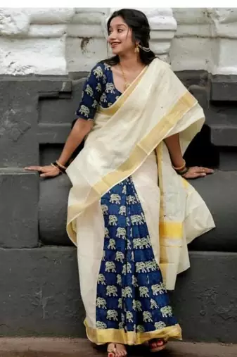 off white ethnic motifs jute cotton kasavu saree with blouse