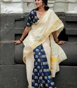 off white ethnic motifs jute cotton kasavu saree with blouse