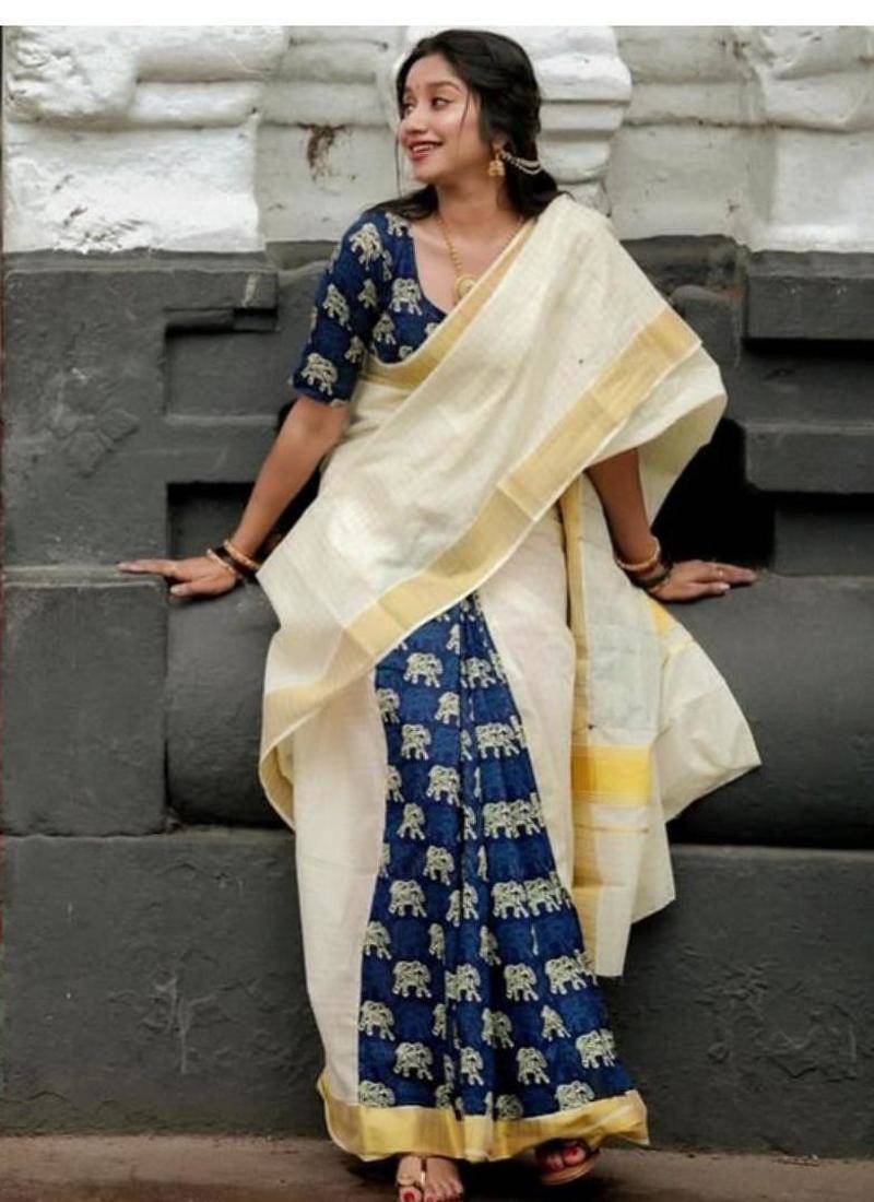 off white ethnic motifs jute cotton kasavu saree with blouse