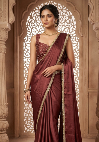 Designer Chinon Saree Decorated With Readymade Gold Sequence Lace  And Sequence Embroidered Unstitched  Blouse Piece