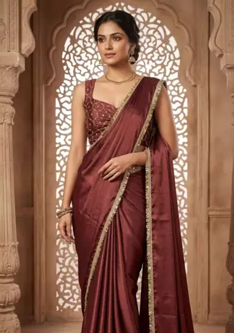 Designer Chinon Saree Decorated With Readymade Gold Sequence Lace  And Sequence Embroidered Unstitched  Blouse Piece