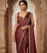 Designer Chinon Saree Decorated With Readymade Gold Sequence Lace  And Sequence Embroidered Unstitched  Blouse Piece