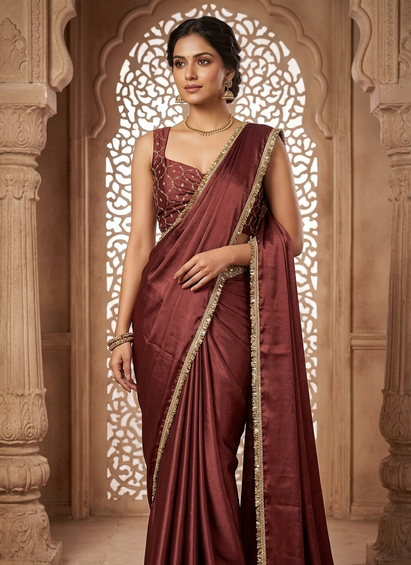 Designer Chinon Saree Decorated With Readymade Gold Sequence Lace  And Sequence Embroidered Unstitched  Blouse Piece