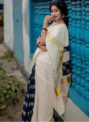 off white ethnic motifs jute cotton kasavu saree with blouse 4