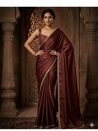 Designer Chinon Saree Decorated With Readymade Gold Sequence Lace  And Sequence Embroidered Unstitched  Blouse Piece 2