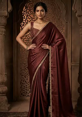 Designer Chinon Saree Decorated With Readymade Gold Sequence Lace  And Sequence Embroidered Unstitched  Blouse Piece