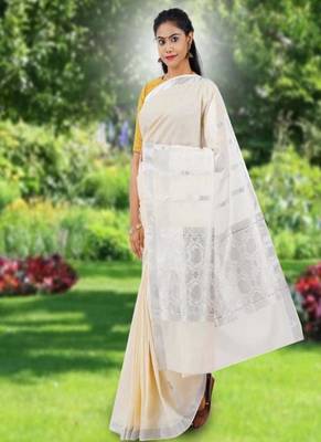 off white pure cotton kasavu saree with zari design 1