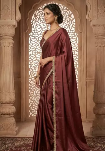 Designer Chinon Saree Decorated With Readymade Gold Sequence Lace  And Sequence Embroidered Unstitched  Blouse Piece