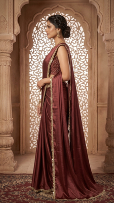 Designer Chinon Saree Decorated With Readymade Gold Sequence Lace  And Sequence Embroidered Unstitched  Blouse Piece 4