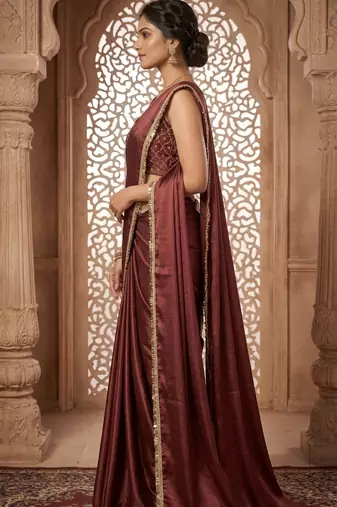 Designer Chinon Saree Decorated With Readymade Gold Sequence Lace  And Sequence Embroidered Unstitched  Blouse Piece