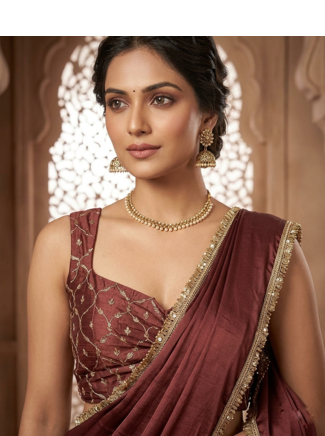 Designer Chinon Saree Decorated With Readymade Gold Sequence Lace  And Sequence Embroidered Unstitched  Blouse Piece 5