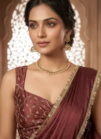 Designer Chinon Saree Decorated With Readymade Gold Sequence Lace  And Sequence Embroidered Unstitched  Blouse Piece