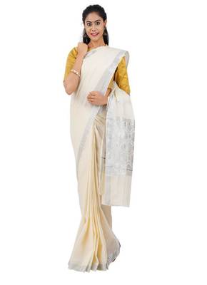 off white pure cotton kasavu saree with zari design 3