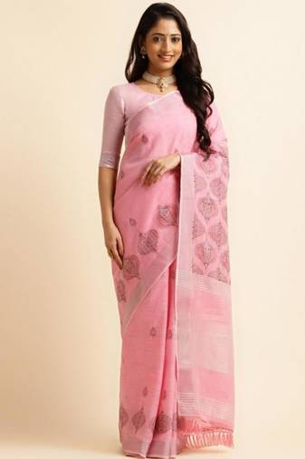 cream zari ethnic motifs pure linen kasavu saree with blouse