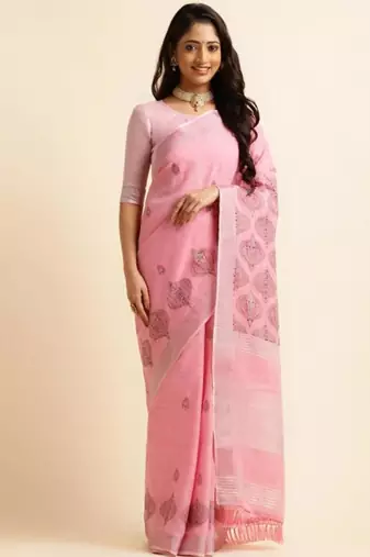 cream zari ethnic motifs pure linen kasavu saree with blouse