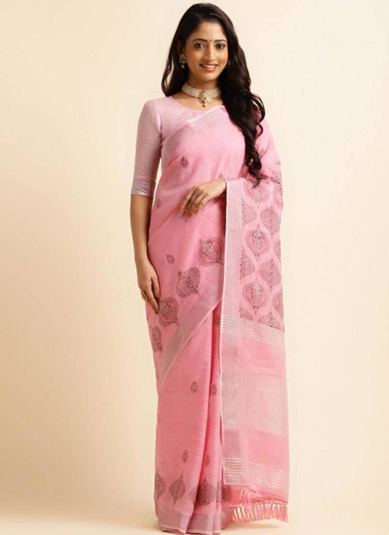 cream zari ethnic motifs pure linen kasavu saree with blouse