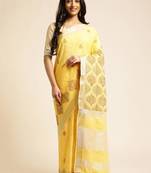pink embroidered pure linen kasavu saree with blouse piece