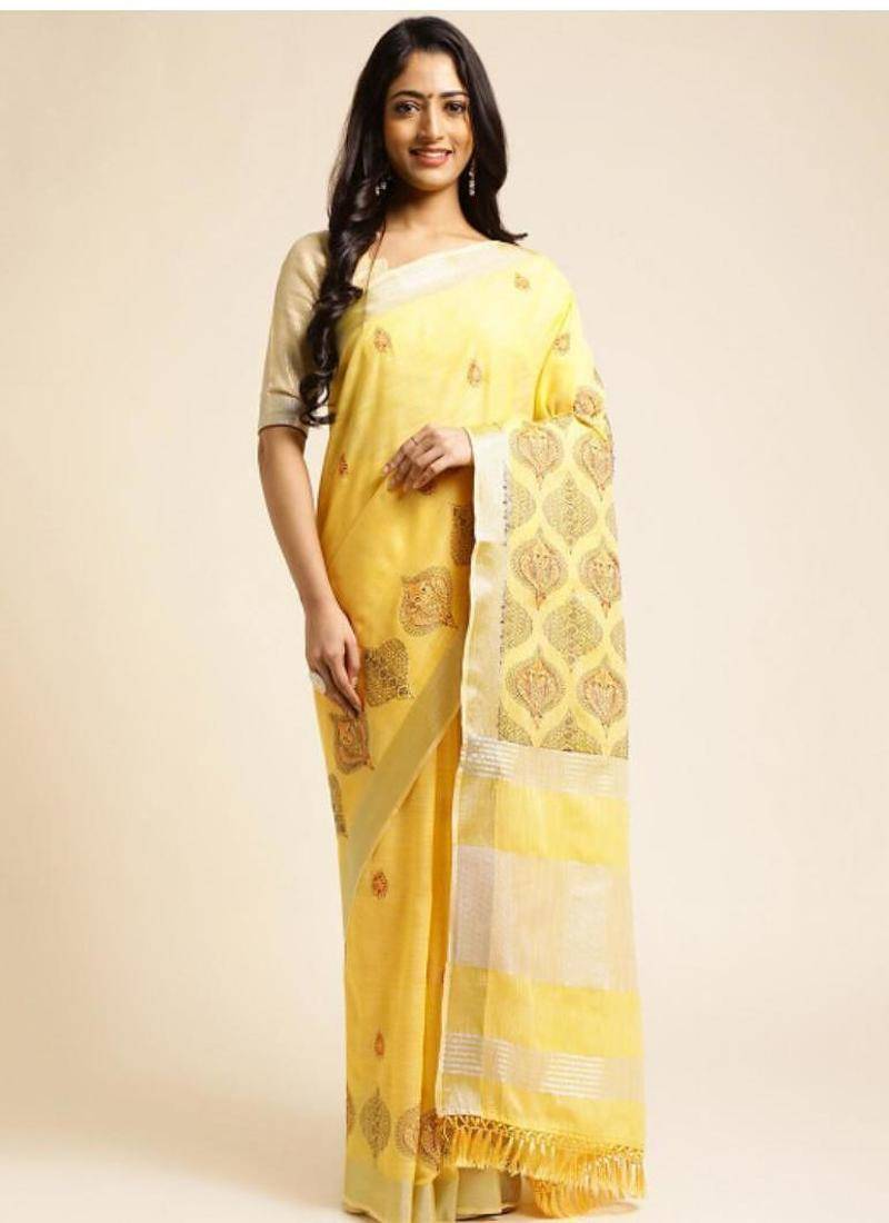 pink embroidered pure linen kasavu saree with blouse piece