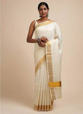 white zari viscose rayon kasavu saree with blouse 1