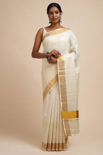 white zari viscose rayon kasavu saree with blouse