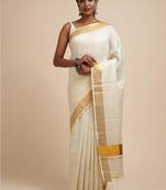 white zari viscose rayon kasavu saree with blouse