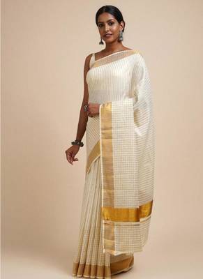 white zari viscose rayon kasavu saree with blouse 2